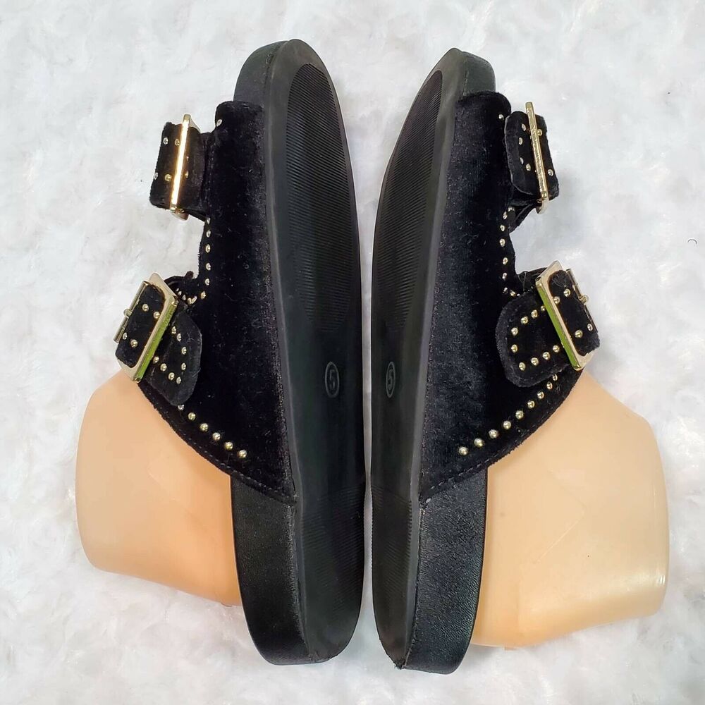 A New Day Womens 5 Footbed Sandals Black Velvet Gold Studs Double Strap Slip On - Picture 6 of 12